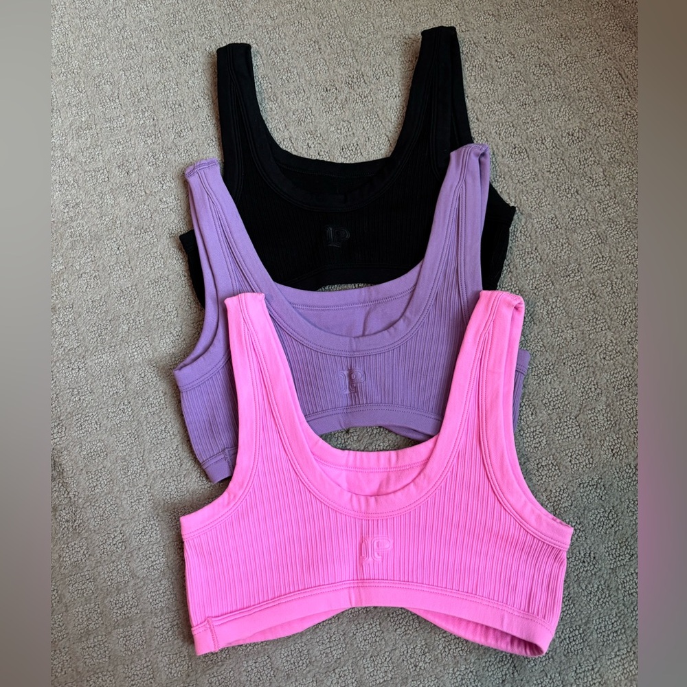 PINK Ribbed Scoop Bralette Trio in Hot Pink, Purple & Black, Size Medium - Picture 3 of 4